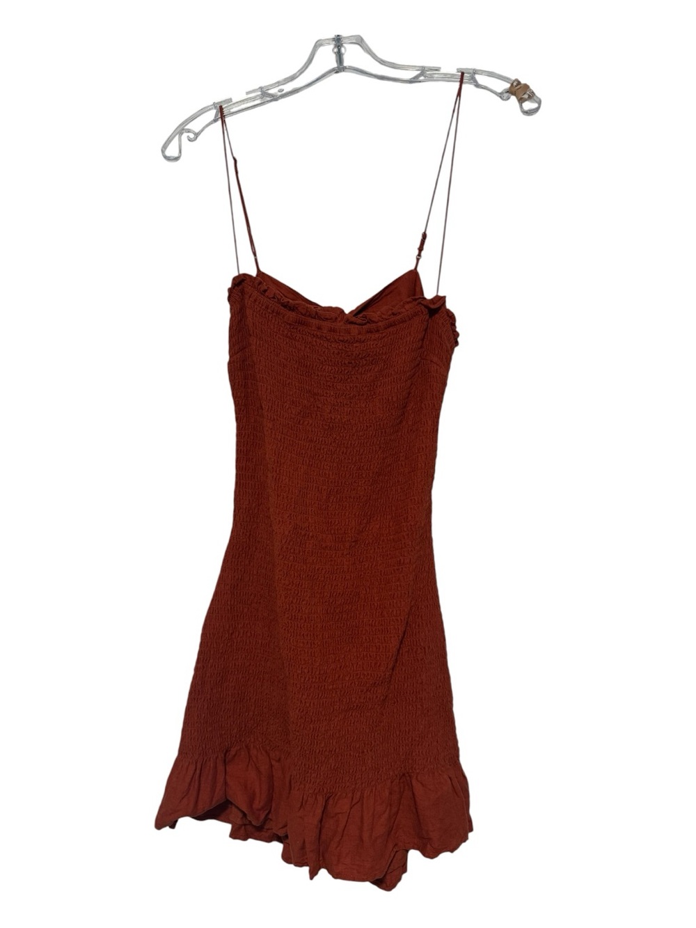 Abercrombie & Fitch Smocked Linen Blend Ruffle Mini Dress | Burnt Orange | Size - Picture 3 of 5
